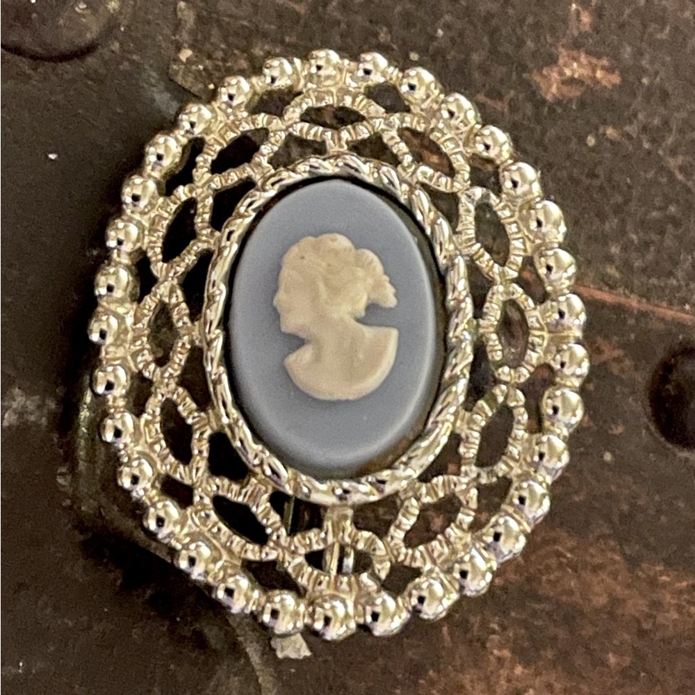 Sarah Coventry Silver Earrings with Blue and White Cameos Clip Style